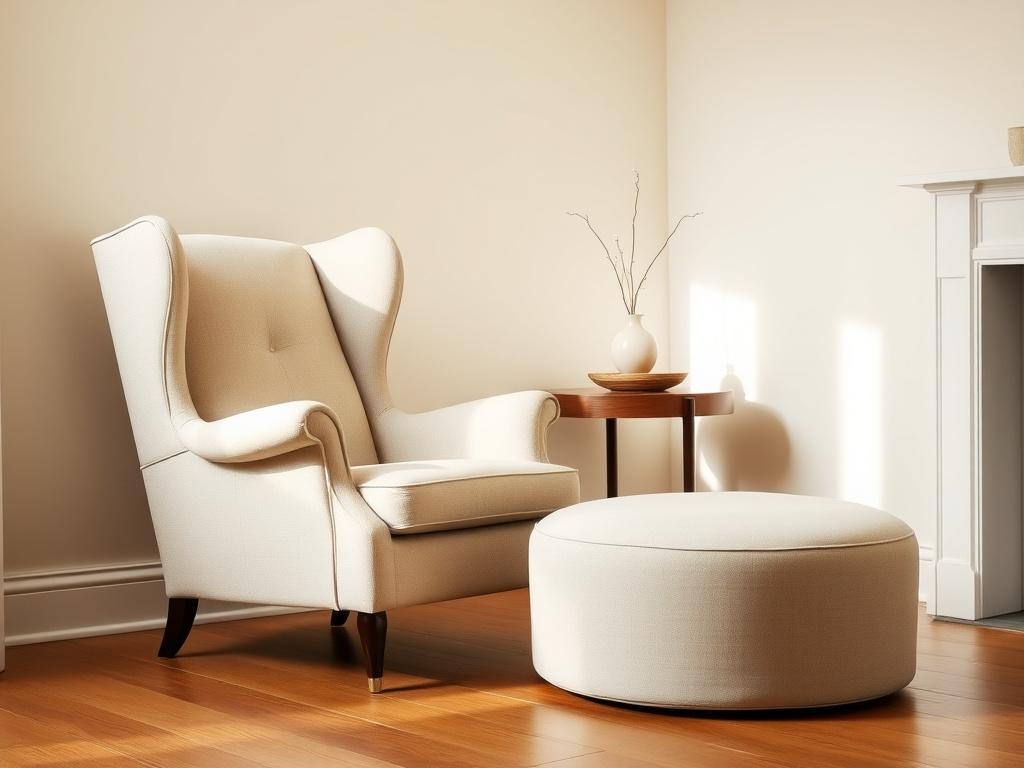 Wing-back armchair and round ottoman in pale linen