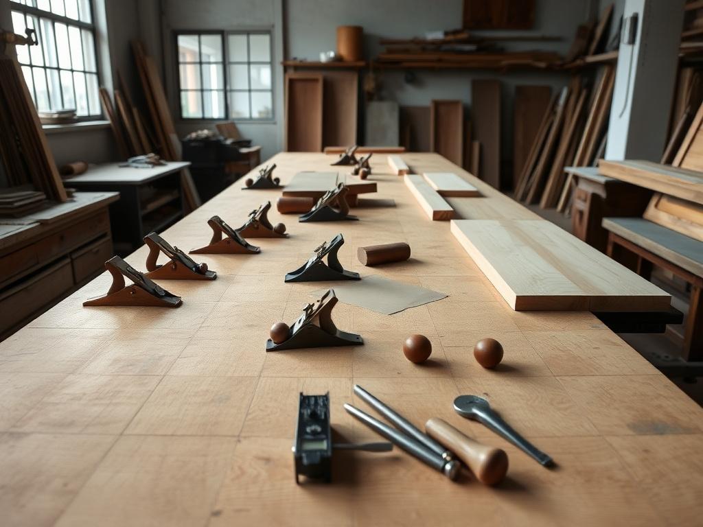 Long workbench in the Boldtura workshop with planes, marking gauges and hardwood blanks