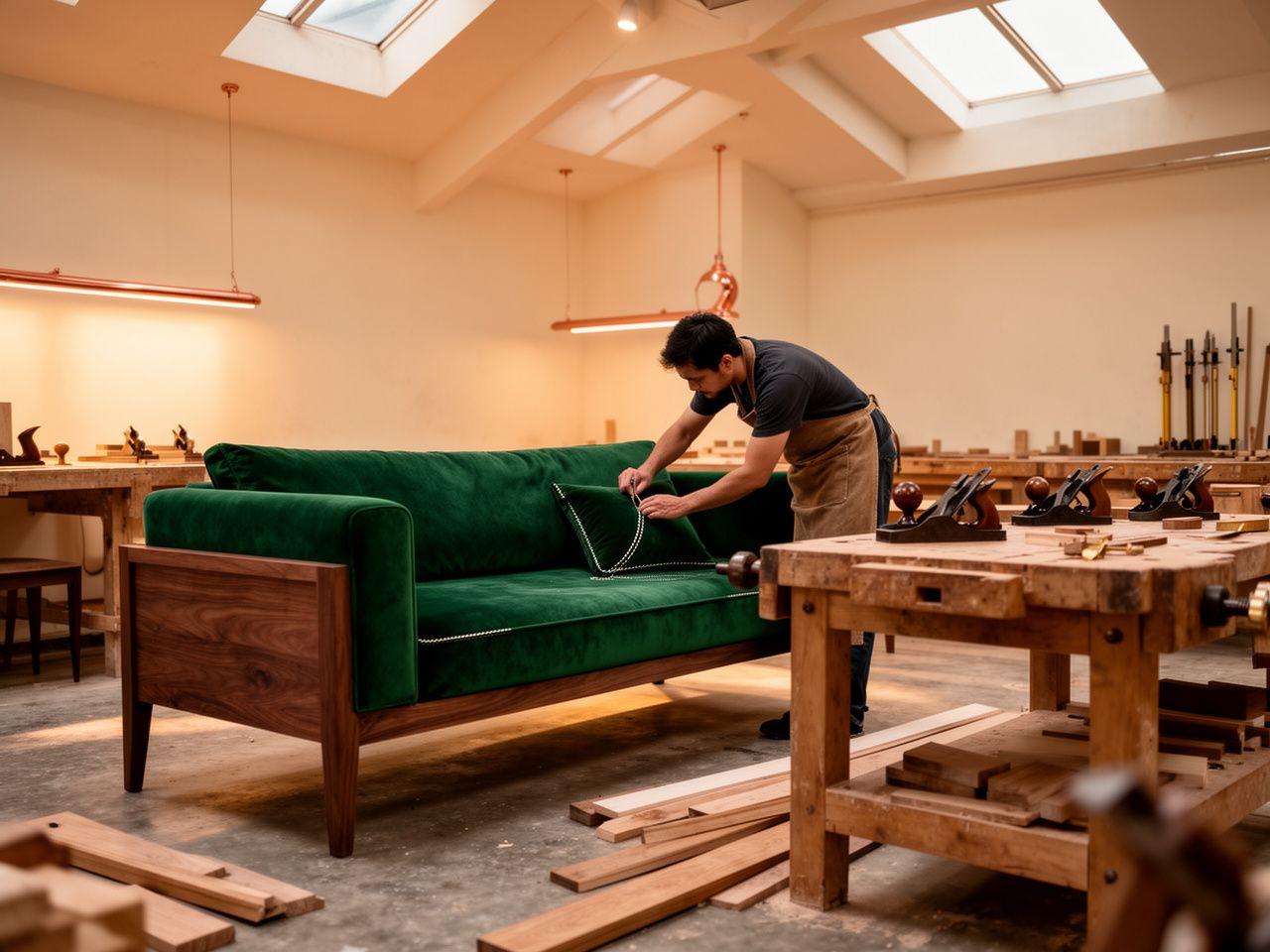 Custom walnut sofa being upholstered in the Boldtura workshop