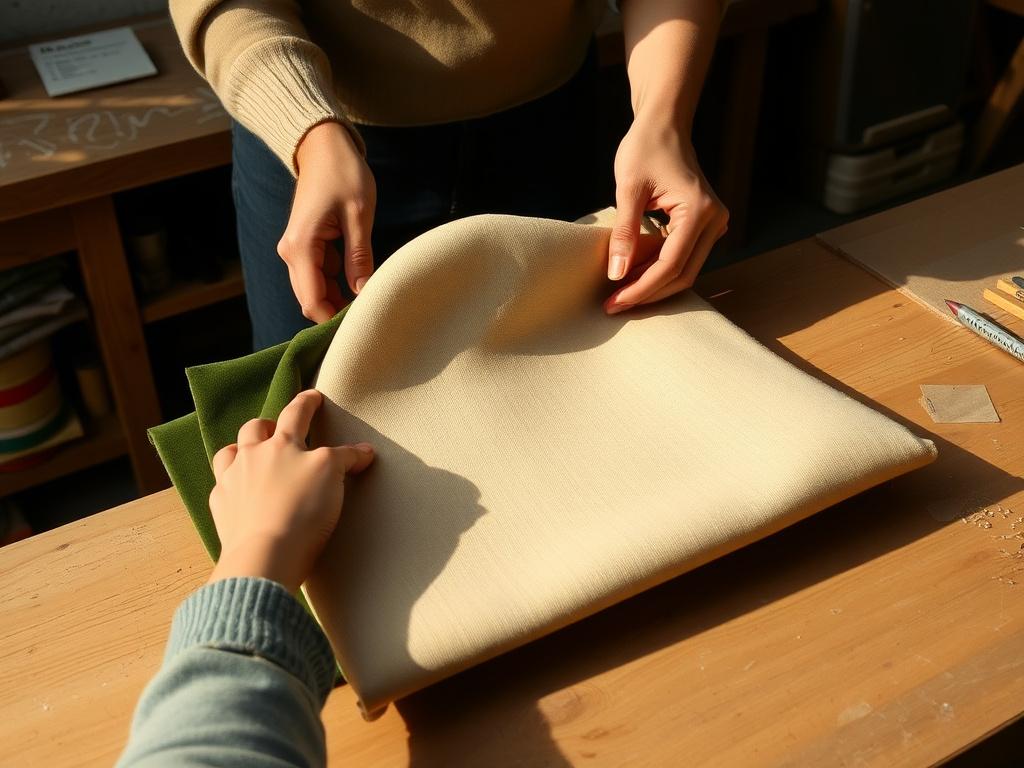 Hands comparing upholstery fabric samples on a workbench