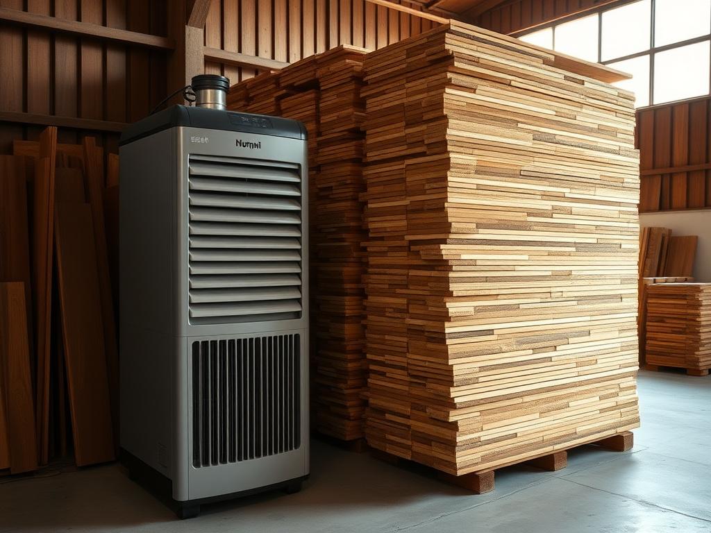A workshop dehumidifier beside a stack of kiln-dried timber