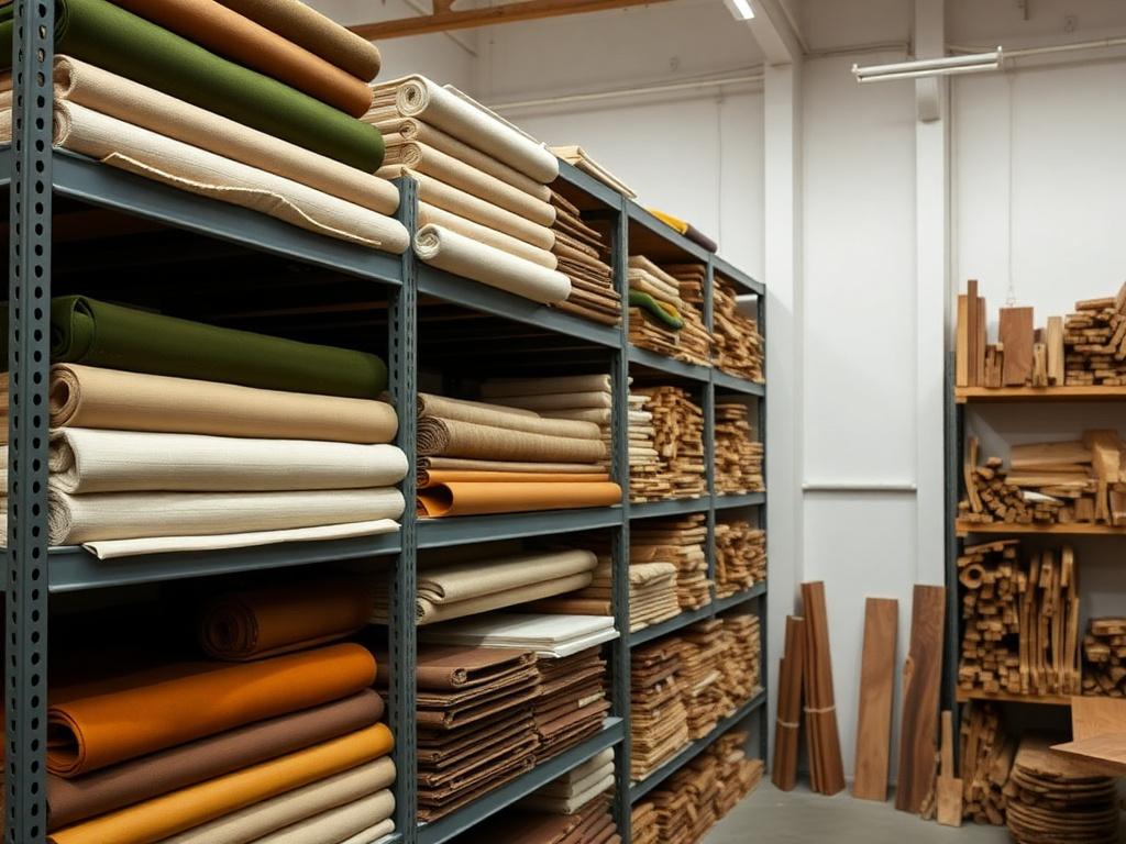 Shelves of upholstery fabric swatches and timber off-cuts in the workshop