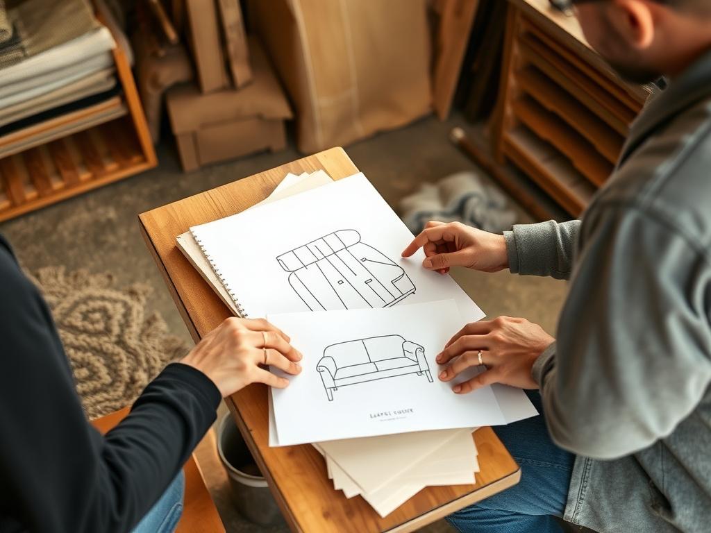 Designer and client reviewing fabric swatches over a sketch on a workbench