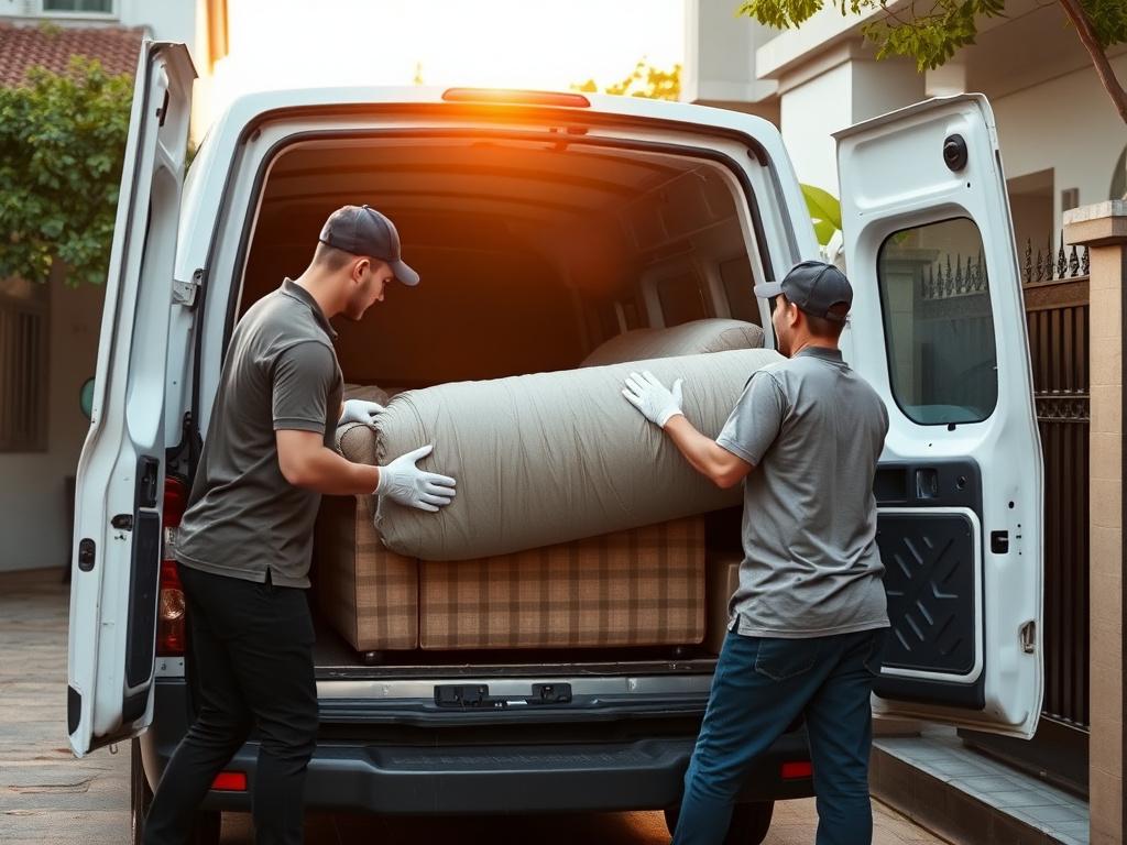 White-glove delivery team unloading a wrapped sofa from a Boldtura van