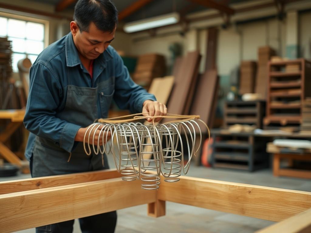 Boldtura craftsman tying springs by hand on a partly built sofa