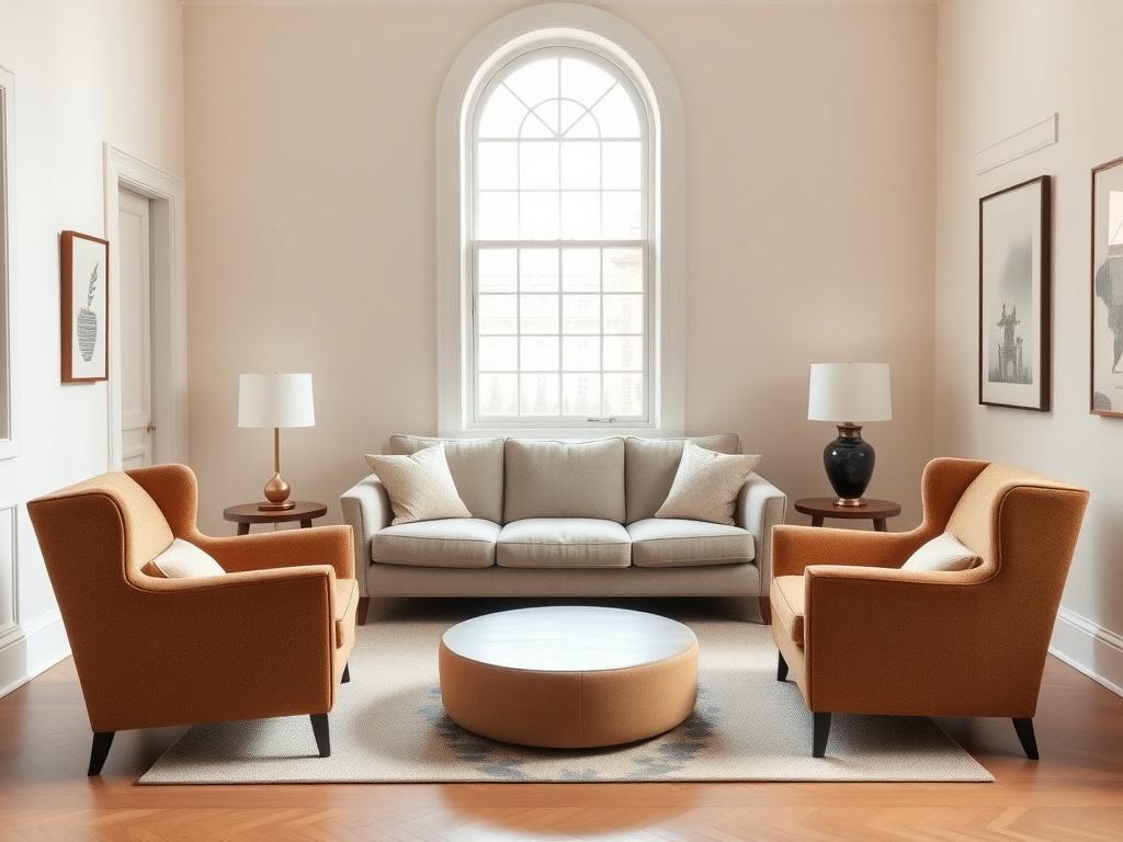 Living room with custom four-seat sofa, armchair pair, and ottoman