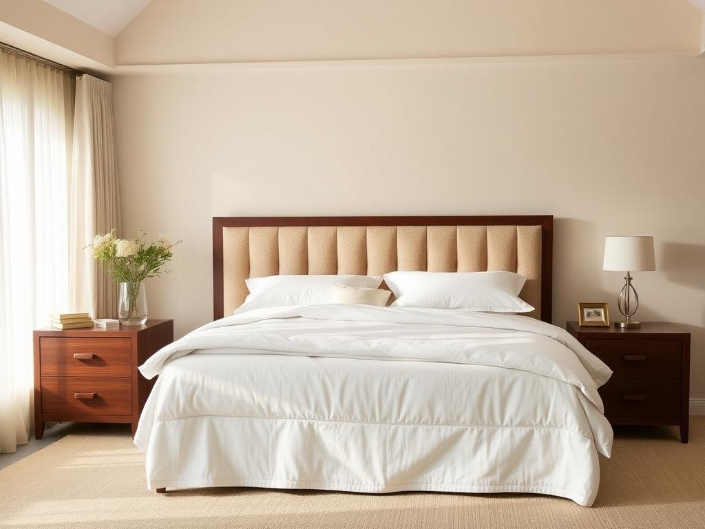Master bedroom with channel-tufted king bed and matching pair of nightstands