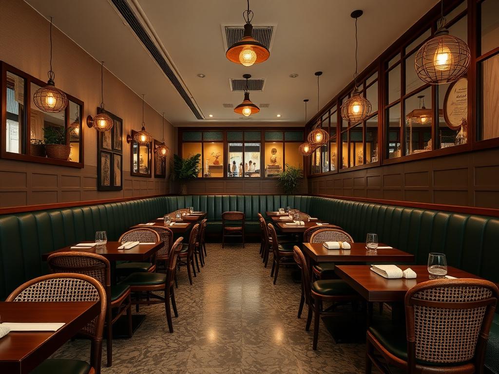 Restaurant interior with green leather banquette and rattan dining chairs