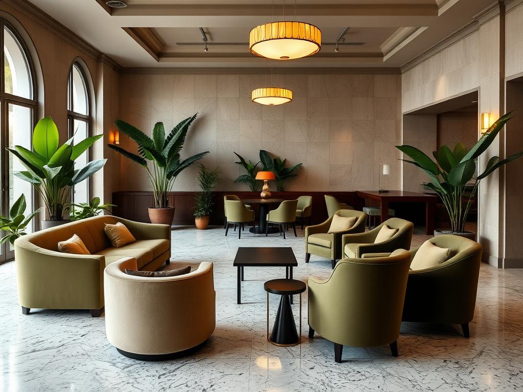 Boutique hotel lobby with two custom curved sofas in moss velvet