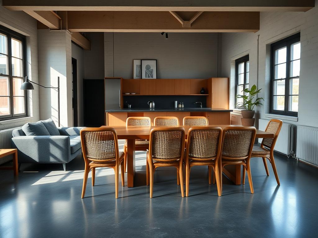 Loft apartment with low-profile slate sofa and rattan dining chairs