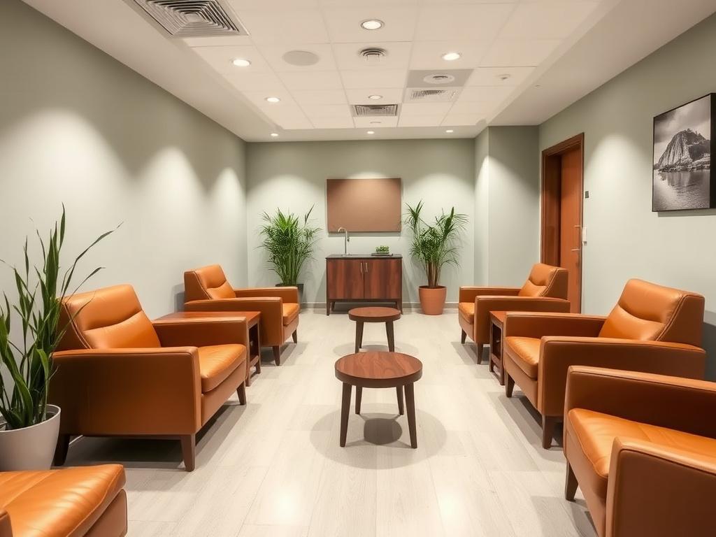 Clinic waiting area with caramel leather armchair pairs and side tables