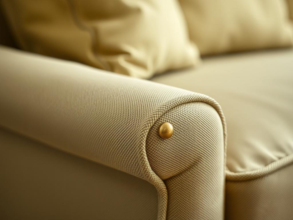 Close-up of a hand-stitched sofa arm in olive linen