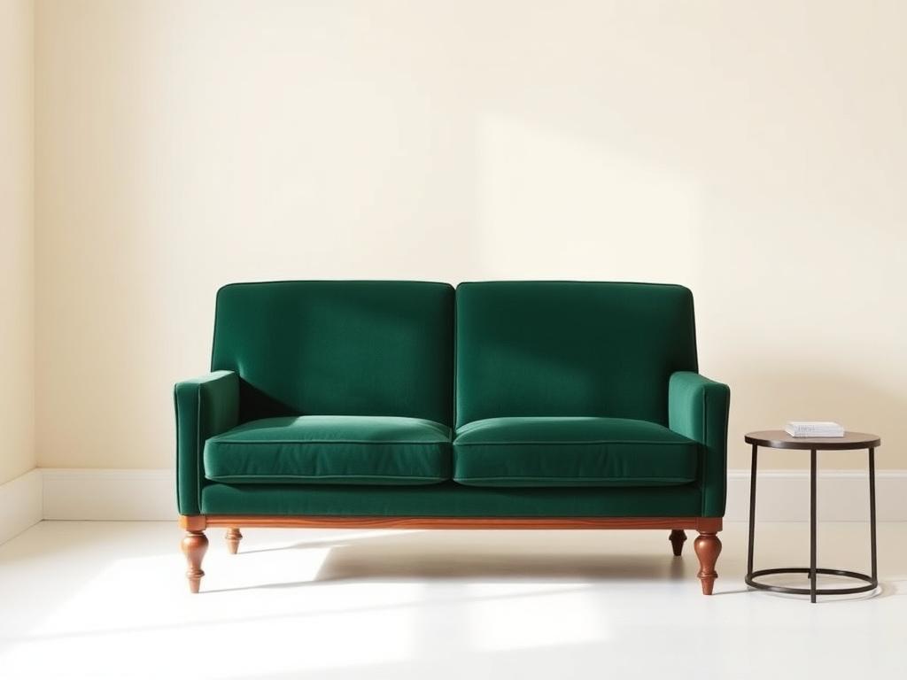 Emerald velvet two-seat sofa with walnut frame