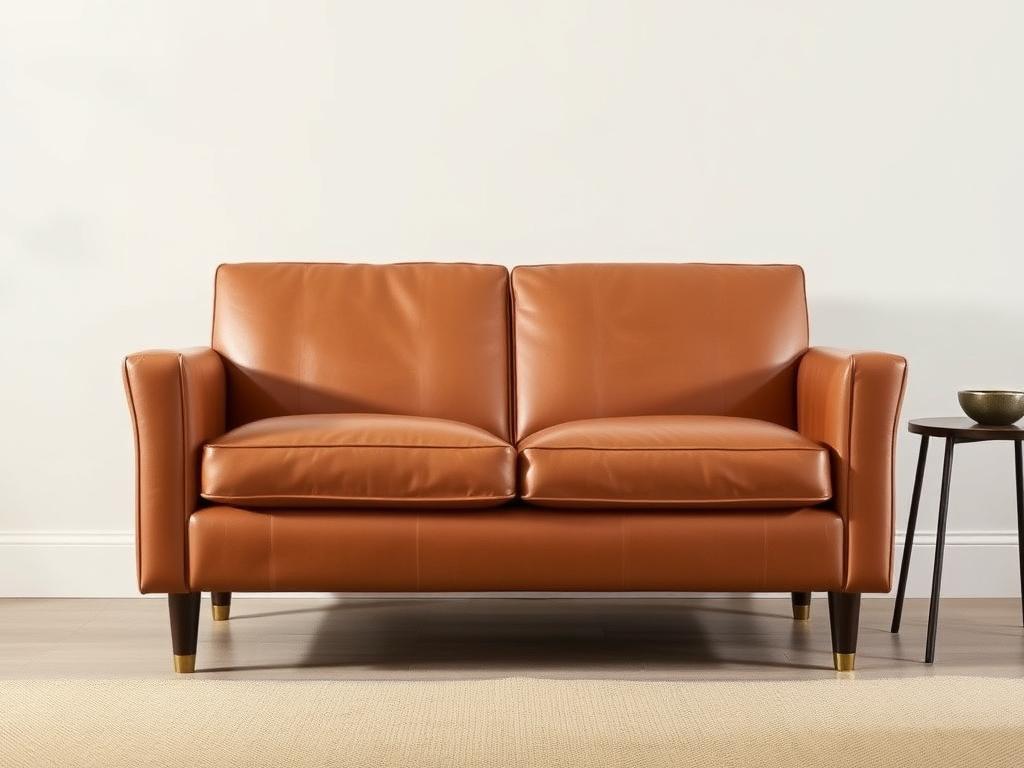Tan leather two-seat sofa with brass-cap legs